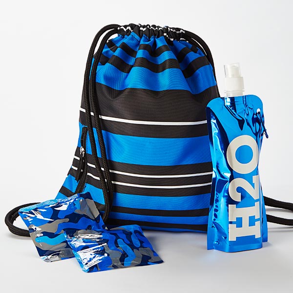Poly drawcord backpack with matching printed camo ice packs and a collapsible water bottle with carabiner.