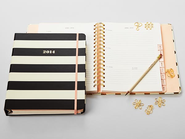 Deluxe semi-concealed wire-o agenda with gold accents, mylar tabs, cream text paper, elastic band. Fun gold paper clips and printed pencils to complete the look.