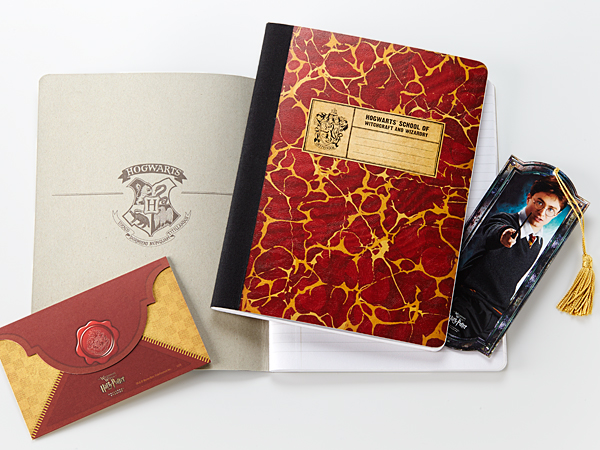 Composition book with sturdy covers, interior artwork, and lined pages; double-sided bookmark with deluxe gold tassel; self-mailing postcard with seal.