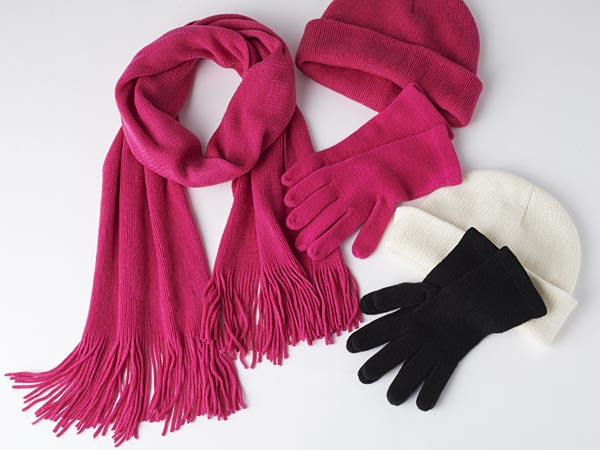 Luxurious woven winter scarves, hats, and gloves for the chilliest of days.